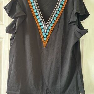 Women’s Black V-Neck Ruffle Sleeve Top with Turquoise & Orange Trim
